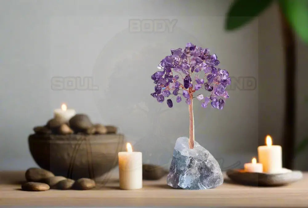 Handgemaakte Kristallen boom - koperdraad omwikkelde edelsteen Amethyst & Fluorite