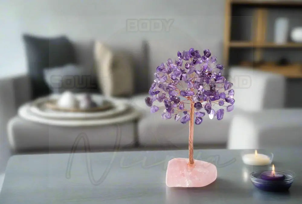 Handgemaakte Kristallen boom - koperdraad omwikkelde edelsteen Amethyst & Rose Quartz