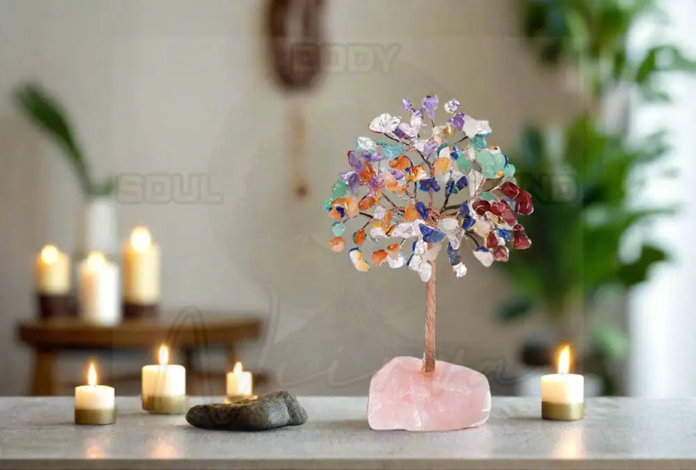 Handgemaakte Kristallen boom - koperdraad omwikkelde edelsteen Multi Crystal & Rose Quartz
