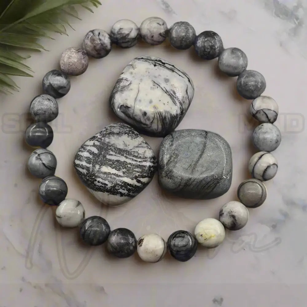 Natuursteen Reiki Armband 17 Zwarte Picasso / 21cm(8.27inch) / 6mm Kralen