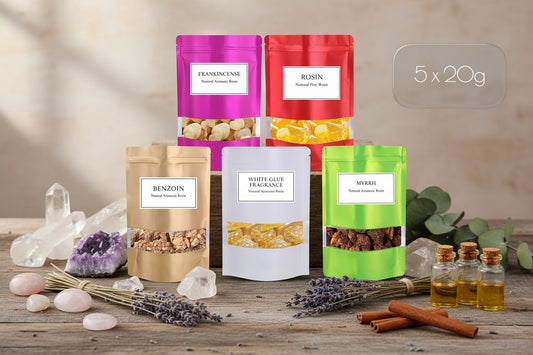 Natuurlijke 5-Hars Combo – Frankincense, Myrrhe, Benzoë, Dennenhars & Witte Gom