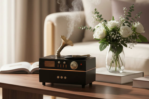 Vintage USB Luchtbevochtiger – Platenspeler Design met Aromatherapie & Timer